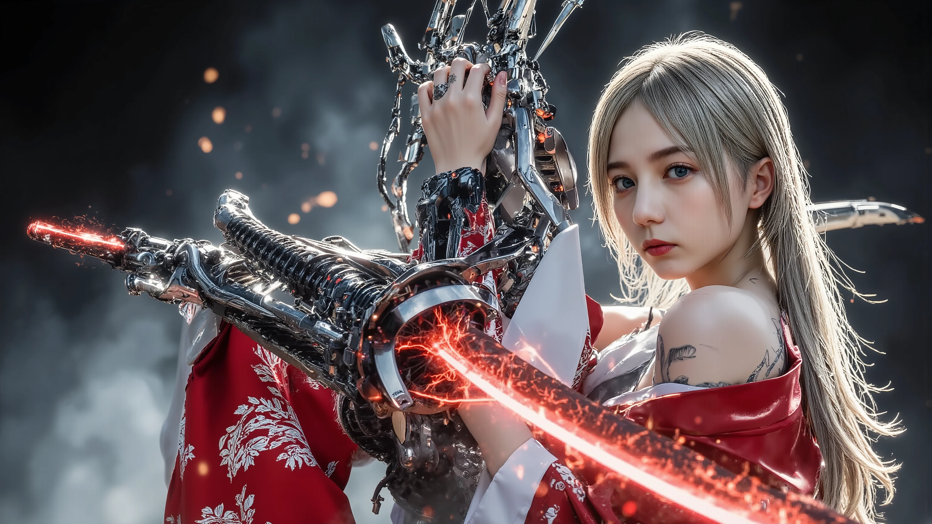masterpiece、full body、 Combining Cyberpunk and Japanese Tradition 、Beautiful traditional kimono 、 combination of red and white kimono and cyber armor、 bright battlefield background 、golden hair、 hand holding a Japanese sword that emits red thunder、Goddess Who Dances in the Air 、 Goddess Who Landed on the Battlefield 、The perfect accessory、Perfect Headdress 、 Tattoo