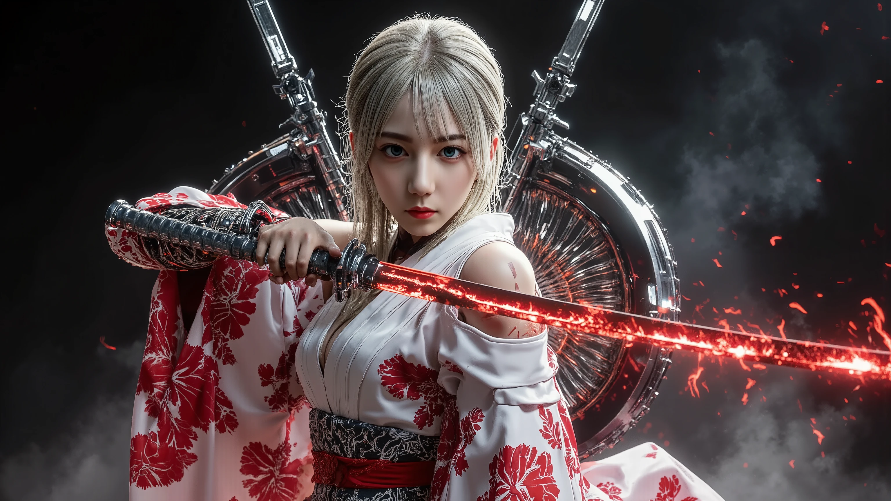 masterpiece、full body、 Combining Cyberpunk and Japanese Tradition 、Beautiful traditional kimono 、 combination of red and white kimono and cyber armor、 bright battlefield background 、golden hair、 hand holding a Japanese sword that emits red thunder、Goddess Who Dances in the Air 、 Goddess Who Landed on the Battlefield 、The perfect accessory、Perfect Headdress 、 Tattoo