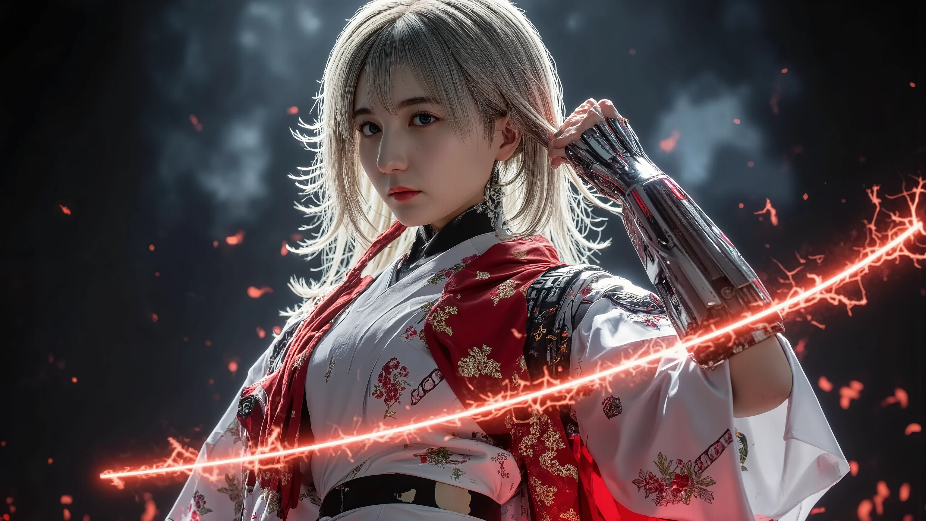 masterpiece、full body、 Combining Cyberpunk and Japanese Tradition 、Beautiful traditional kimono 、 combination of red and white kimono and cyber armor、 bright battlefield background 、golden hair、 hand holding a Japanese sword that emits red thunder、Goddess Who Dances in the Air 、 Goddess Who Landed on the Battlefield 、The perfect accessory、Perfect Headdress 、 Tattoo