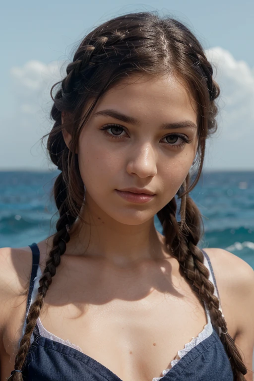 gorgeous cute German girl, smiling, (bikini) Steel gray hair loose braided hair, at the beach near a boat, perfectly symmetrical face, detailed skin, vivid colors, HDR, hard shadows, art photography, soft focus, masterpiece, breathtaking, atmospheric perspective, diffusion, pore correlation, skin imperfections, Porta 160 color, shot on ARRI ALEXA 65, bokeh, sharp focus on subject
