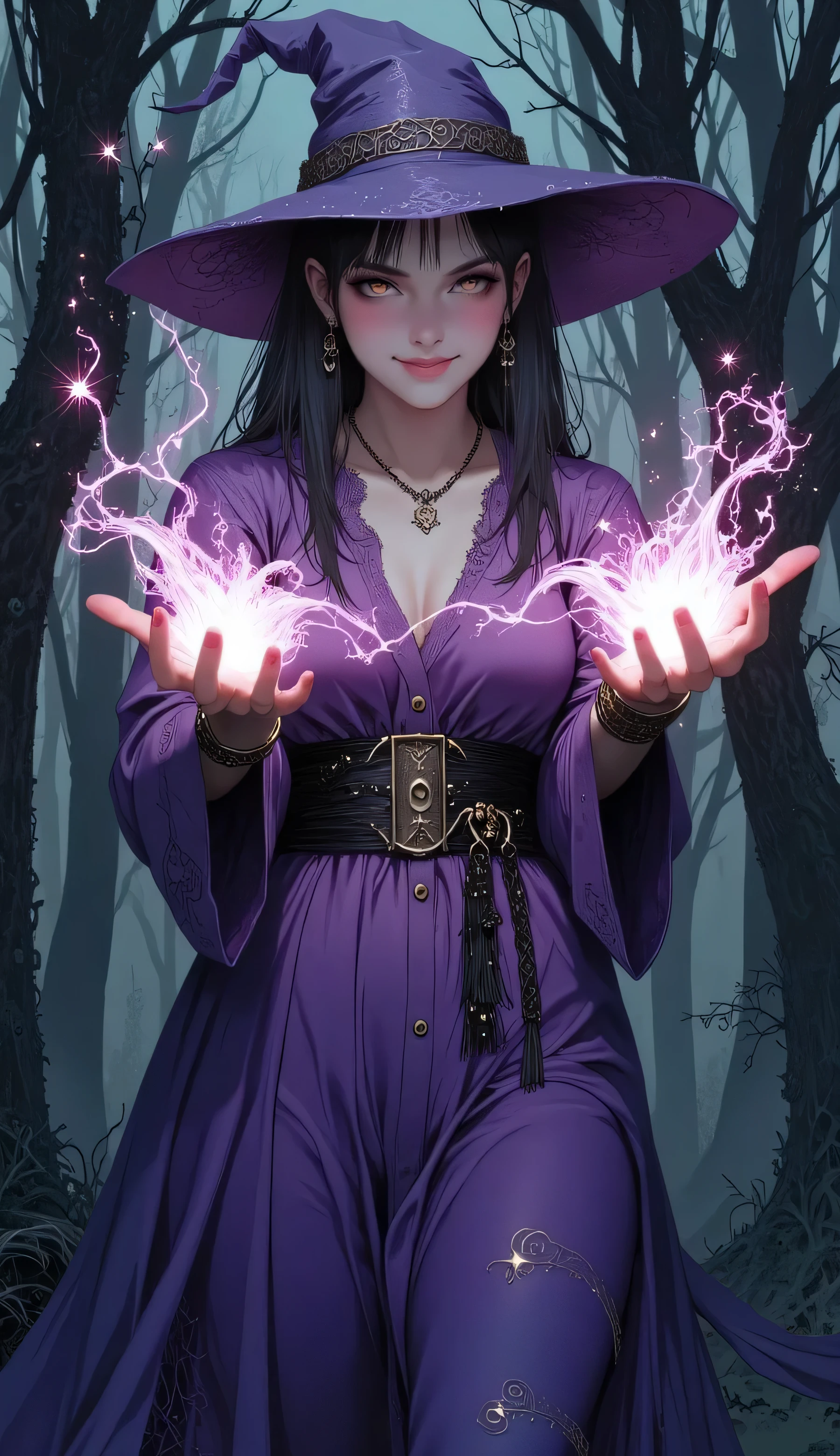 a witch. She is dressed in a long, flowing purple dress that emphasizes her lush form. On her head she wears a wide-brimmed hat that is slightly shifted, which gives her image a mysterious quality.
Her face expresses confidence and a slight slyness - her eyes are expressive and a confident smile plays on her lips. She holds a powerful magic spell in her hands, and glowing magical energy swirls around her palms.In the background there is a dense dark forest