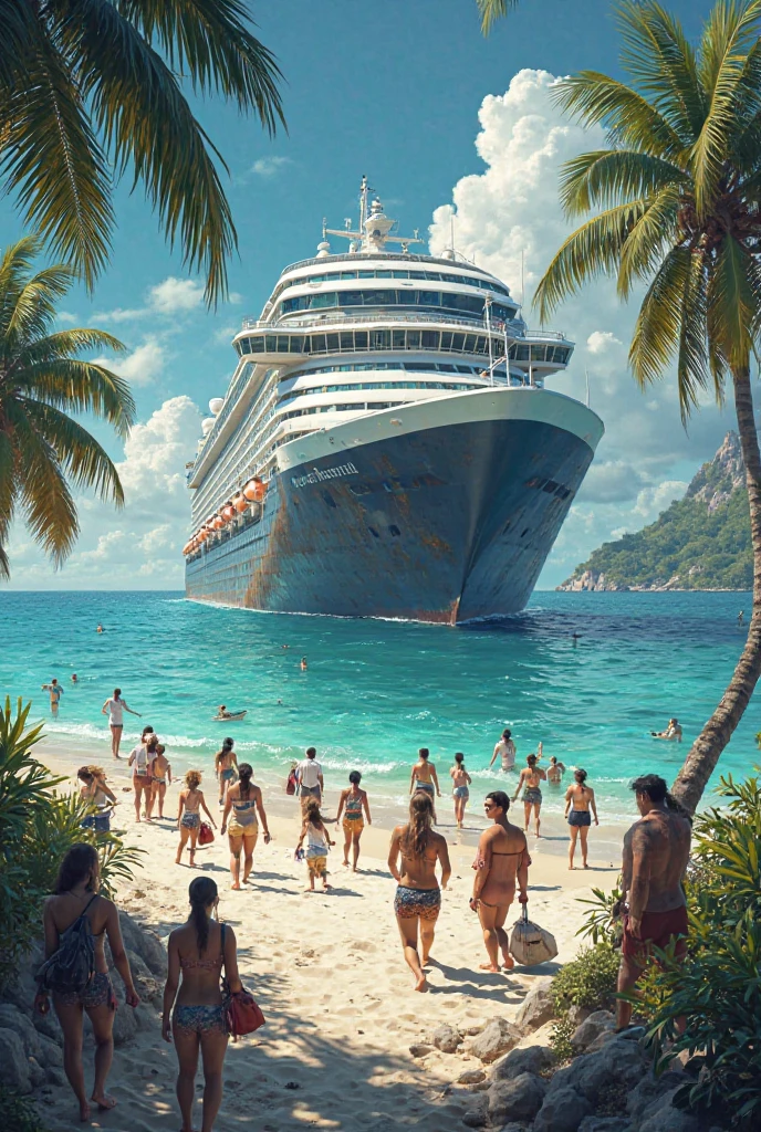 Long-distance large cruise ships,Seven junior high school girls in bikinis play on the resort beach