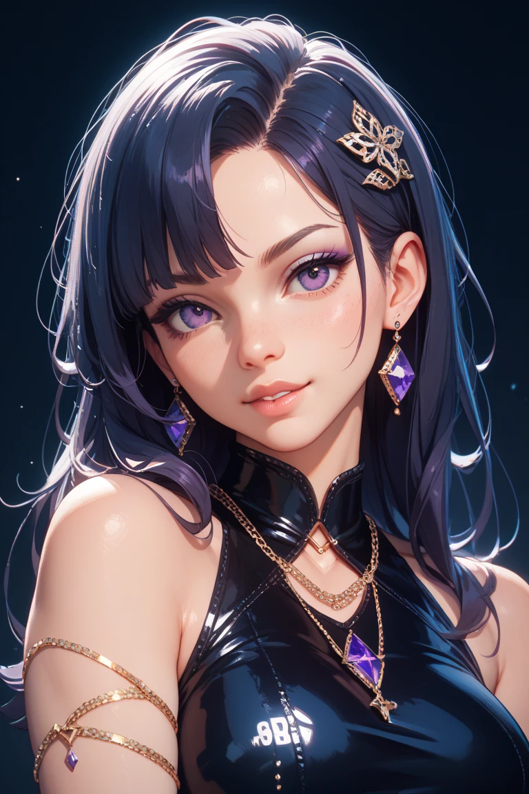 「In a breathtaking masterpiece in portrait form、Showcasing the highest quality artistry。The subject of this artwork is、It's one girl captured in amazing detail。」Pixiv Anime Realism Trends、Shibitai Perfect Body Perfect Face、hands not visible、Shot from the waist up、gigantic-breast、Minamoto of the Destiny Grand Order、Signature Tight Purple Bodysuit、