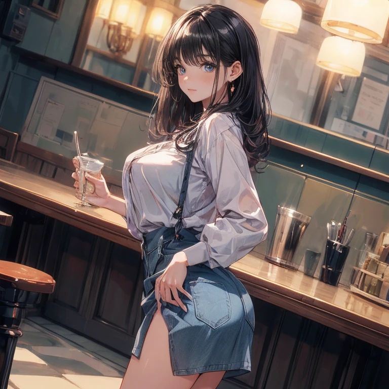 This is a drawing of an anime girl sitting on a bar stool in a denim miniskirt., 1 girl, alone, is, white panties, Blush, Looking back,