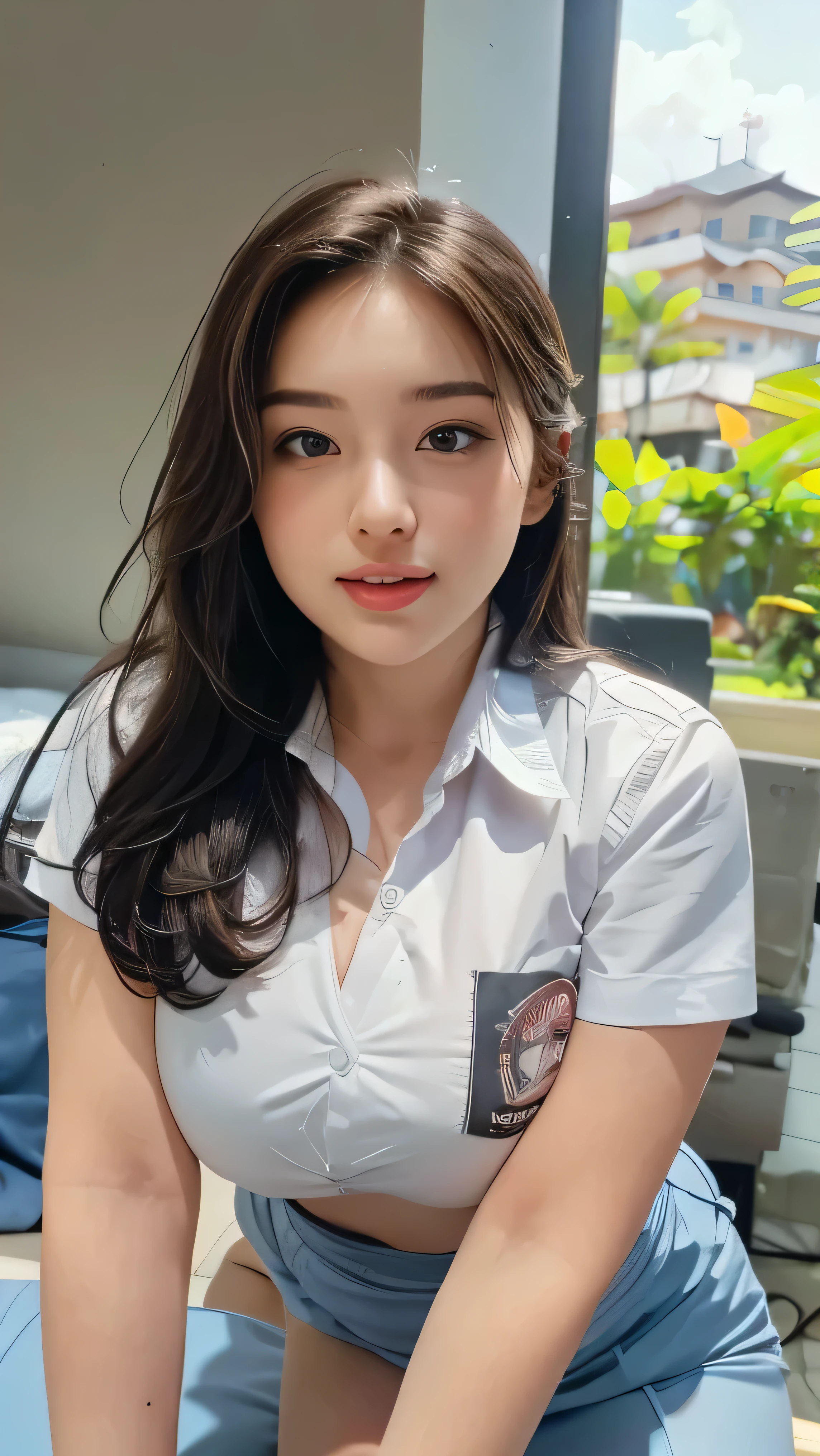 a close up of a woman in a nurse uniform, asian woman, beautiful asian woman, japanese goddess, , photorealistic perfect body, asian hyperdetailed, seductive. highly detailed, gorgeous chinese model, beautiful asian woman, asian, asian woman, chinese girl, with dark complexion, korean girl, very sexy outfit, revealing outfit, upper part of body, view from below from point of view laying in hospital bed, ((very sexy)), ((Beautiful Smile))