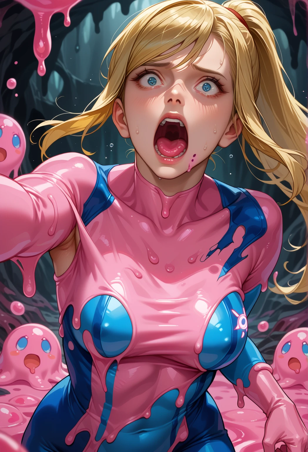 score_9, score_8_up, score_7_up, 1boy, solo, (male:1.5), male focus, slender, (small brests), defSamus, blonde hair, medium hair, bodysuit, blue clothes, blue pants, blue gloves, shocked face, standing, shaking, hands on chest, screaming, looking down, pink liquid come out the wall, spliting, slime. liquid on all body, dark cave, pink goo, covered in liquid,face stained,