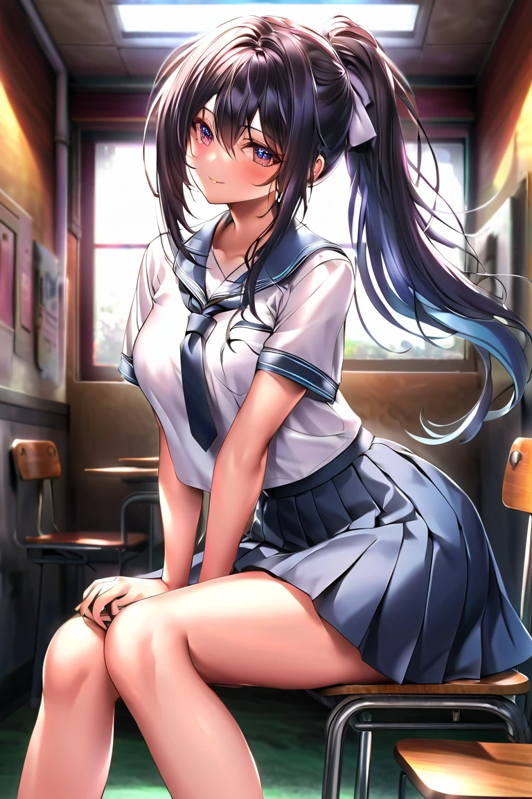 (masterpiece, best quality), NSFW, from side, 1girl, (1boy, hetero:1.2), wariza, (fellatio, blow job:1.2), licking penis, tongue out, long tongue,upward glance、 , facial, cum, BREAK 5 yo, (:1.5), black hair, (high ponytail), (straight hair:1.1), (aqua scrunchie:1.2), (big breasts:1.2), BREAK ((hoodie:1.2), (aqua neckerchief:1.2), (open clothes:1.3), (shirt lift1.1), nipples, BREAK (navy skirt), (white socks:1.2), BREAK classroom, headback,