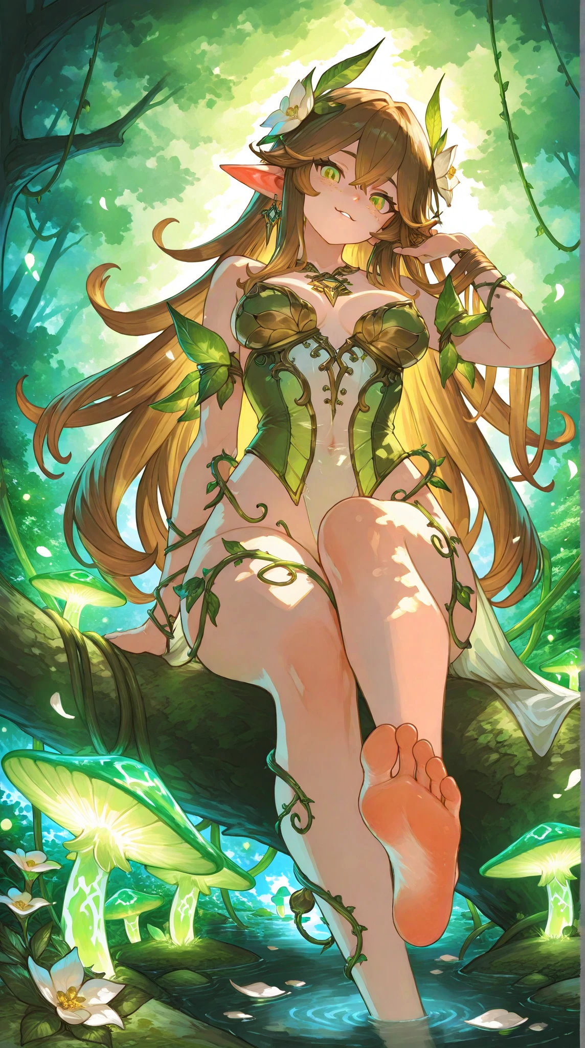 girl with her naked body covered by plants, leaves and vines, plants and vines all over her body, Poison Ivy, medium breasts, long hair, sincere smile, imposing pose, yellow eyes, sculptural and curvy body, full body, BREAK, forest background with vines descending from forest trees, nature, field of vineyards, (ultra-realistic), {extremely detailed 8k CG unity wallpaper}, Expansive landscape photography, (a view from below that prioritizes the grandeur of the character, expansive view of wide field), (low angle shot), (high light: 1.5), (low light: 1.0), (warm light source: 1.0), complex details, (iridescent colors: 1.5 ), (bright lighting), (atmospheric lighting), dreamy, magical, special