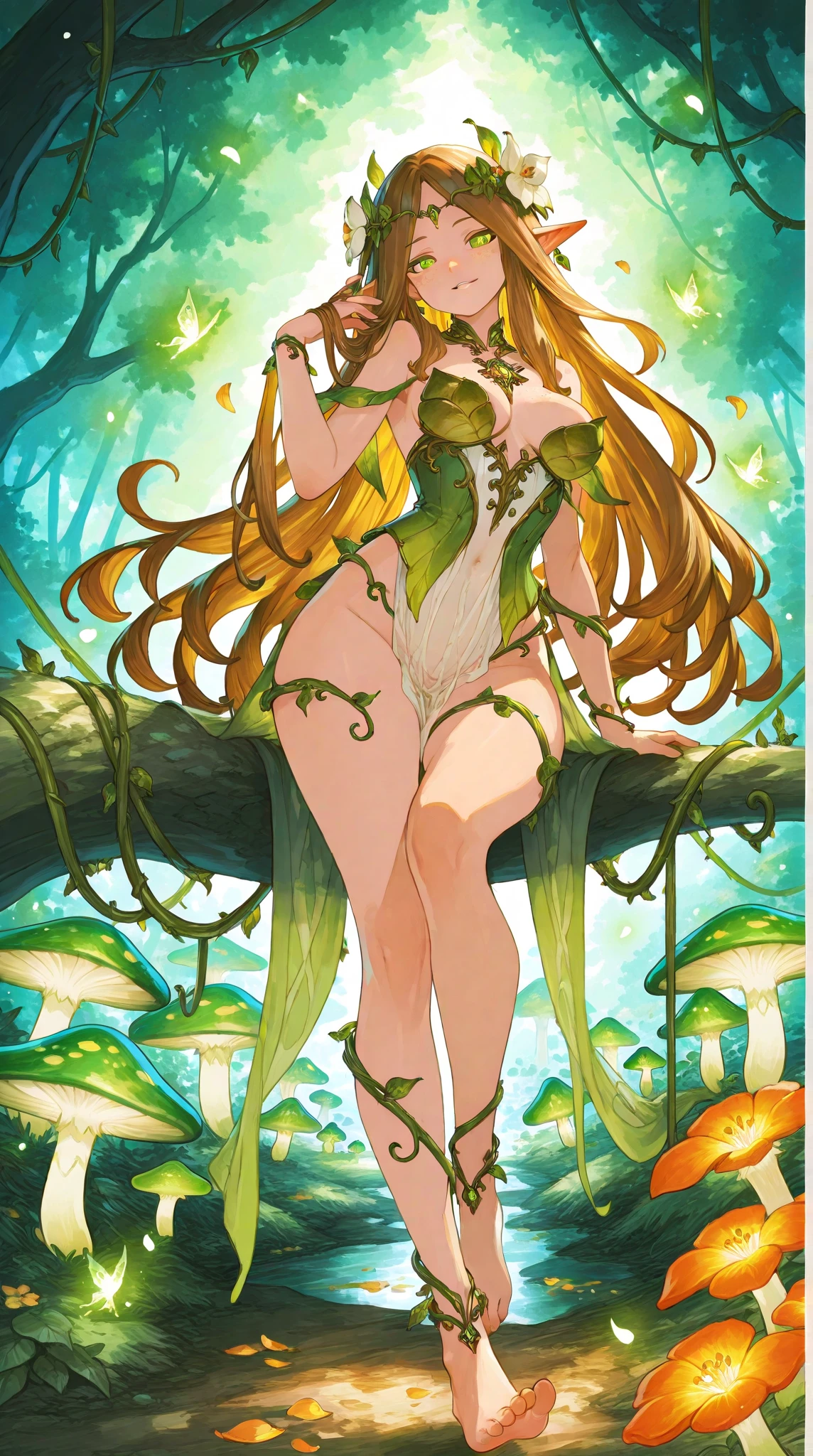 A gorgeous woman, goddess type nude with some ivy and vines for hair, top-quality, seductive, big beautiful eye, Extraordinary beauty、Revealing costume