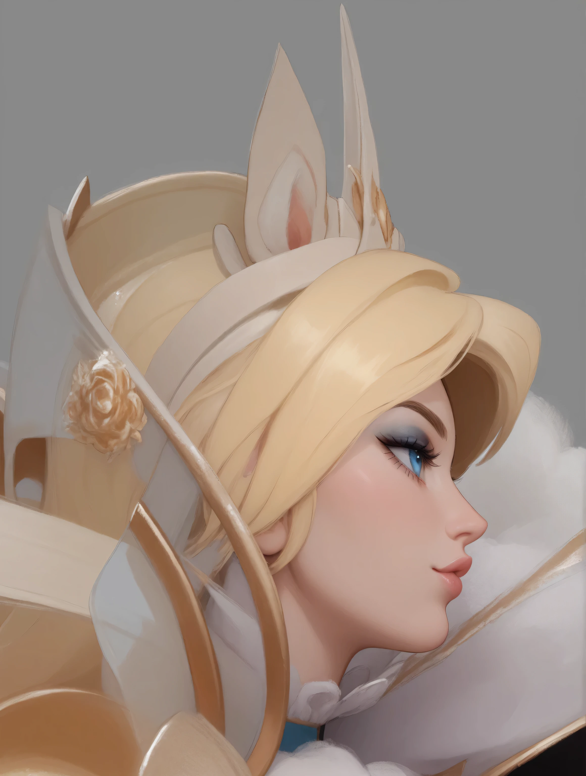 Detailed 3D rendered profile of a female character with anime-inspired features. Smooth porcelain-like skin with a subtle peach undertone. Almond-shaped (big) eyes with deep blue-gray irises, enhanced by heavy smoky eyeshadow and defined eyeliner, creating a dramatic and mysterious gaze. Delicate nose and small, naturally pink lips in a neutral expression. Short blonde hair styled in elegant swept layers that frame the face, with a warm honey-gold tone and subtle shine. The hair has a smooth, flowing texture with distinct strands visible, Perfect side profile view capturing the refined facial structure with a slightly pointed chin and defined cheekbones. Soft, even lighting highlighting the contours of the face while maintaining the anime-inspired aesthetic with 3D realism. The character has a youthful, ethereal beauty with flawless features