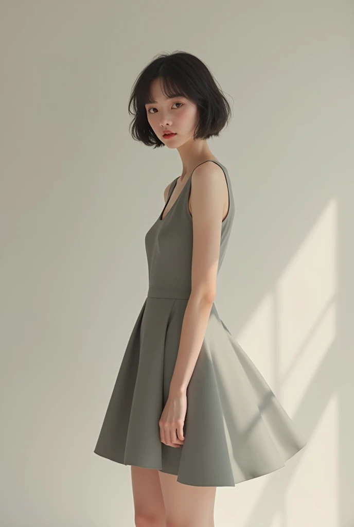 A close up of a beautiful girl, pale skin, black bob cut hair, perfect body, full body, standing in ethereal green dress