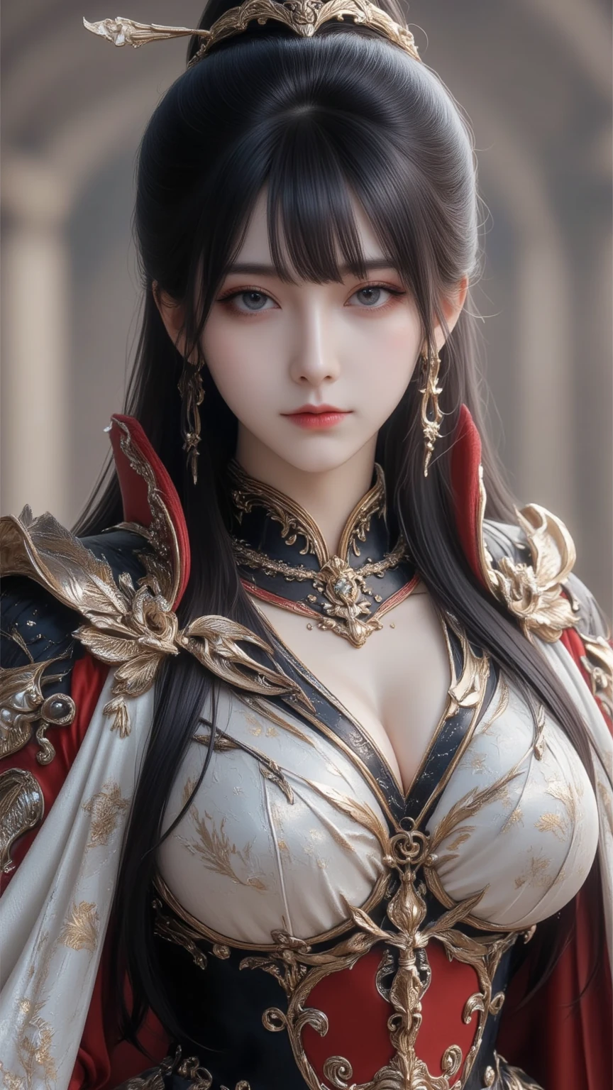 tmasterpiece,Best quality,A high resolution,8K,(Portrait),((Close-up of upper body)),Real photos,digital photography(Women who combine ancient fantasy style with futuristic cyberpunk style),20岁女孩,Long ponytail hairstyle,By bangs,(Random Color Eyes),(Random-colored hair),Big breasts,Cleavage,Elegant and noble,Serious and indifferent,Clothes that combine ancient costumes with modern combat uniforms,Shoulder armor,Openwork design,rich details,Keep your mouth shut,((Hands behind your back))Intricate ornaments,cyber punk style,(Woman warrior),white backgrounid,oc render reflection texture