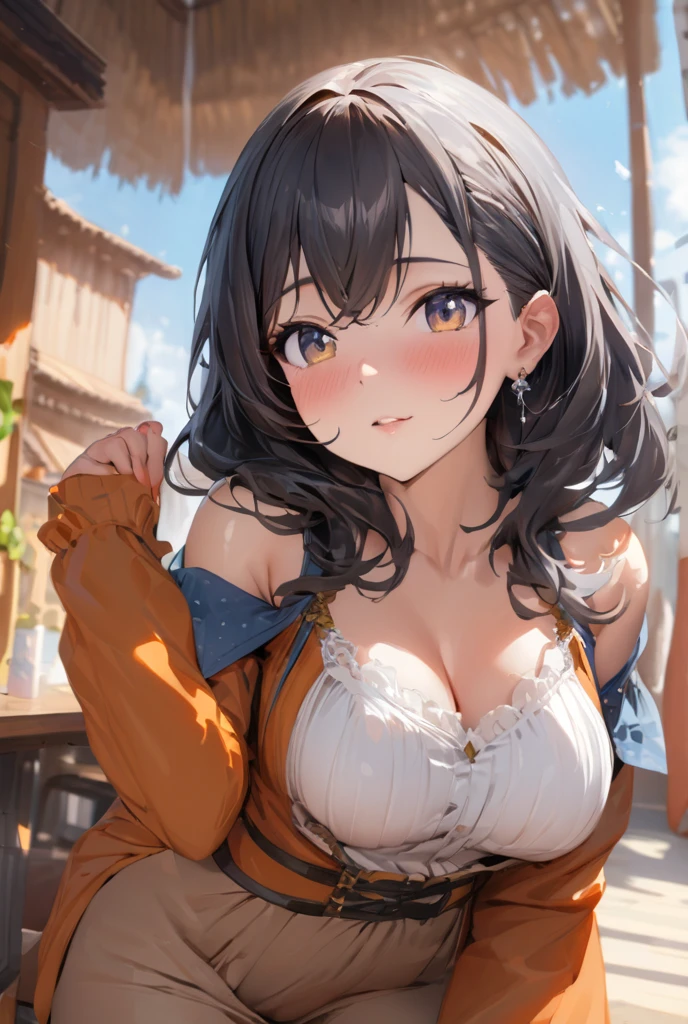 ((Top Quality)), ((Excellent)), (Details),,((Japanese)),10 years old, Black Hair,(Childish face),((Straight Hair)), shiny hair, a Girl ,Medium Breasts, ((Blue Eyes)),masterpiece, shy-smile, ultra realistic, 32k, extremely detailed CG unity 8k wallpaper,((overhead shot)),from above, ((extreme_close_up)) ,((Emphasize the cleavage)), best quality, soft lighting, solo, Straight Hair, blunt bangs, hair bow, hair ribbon, ribbon, ((white dashiki)),((white dashiki)), outdoors, (Grassland), lake, 1girl, black bow, cate , stunning environment ,vibrant colors ,((extreme_close_up)) ,