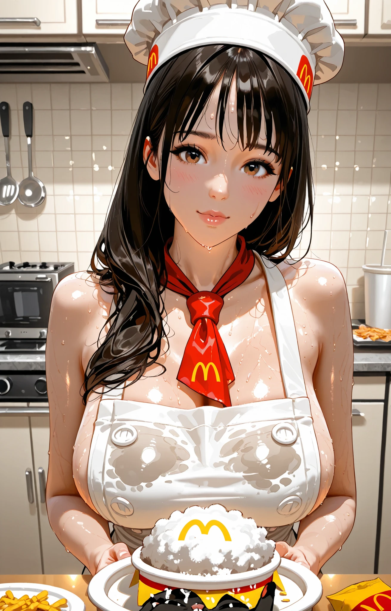 cat: kitchen, wool wet with sweat and grease helps. cat asa pescado, for McDonald's.  chef's hat to a cat,  I wore a. 
sexy girl help, caress the cook cat