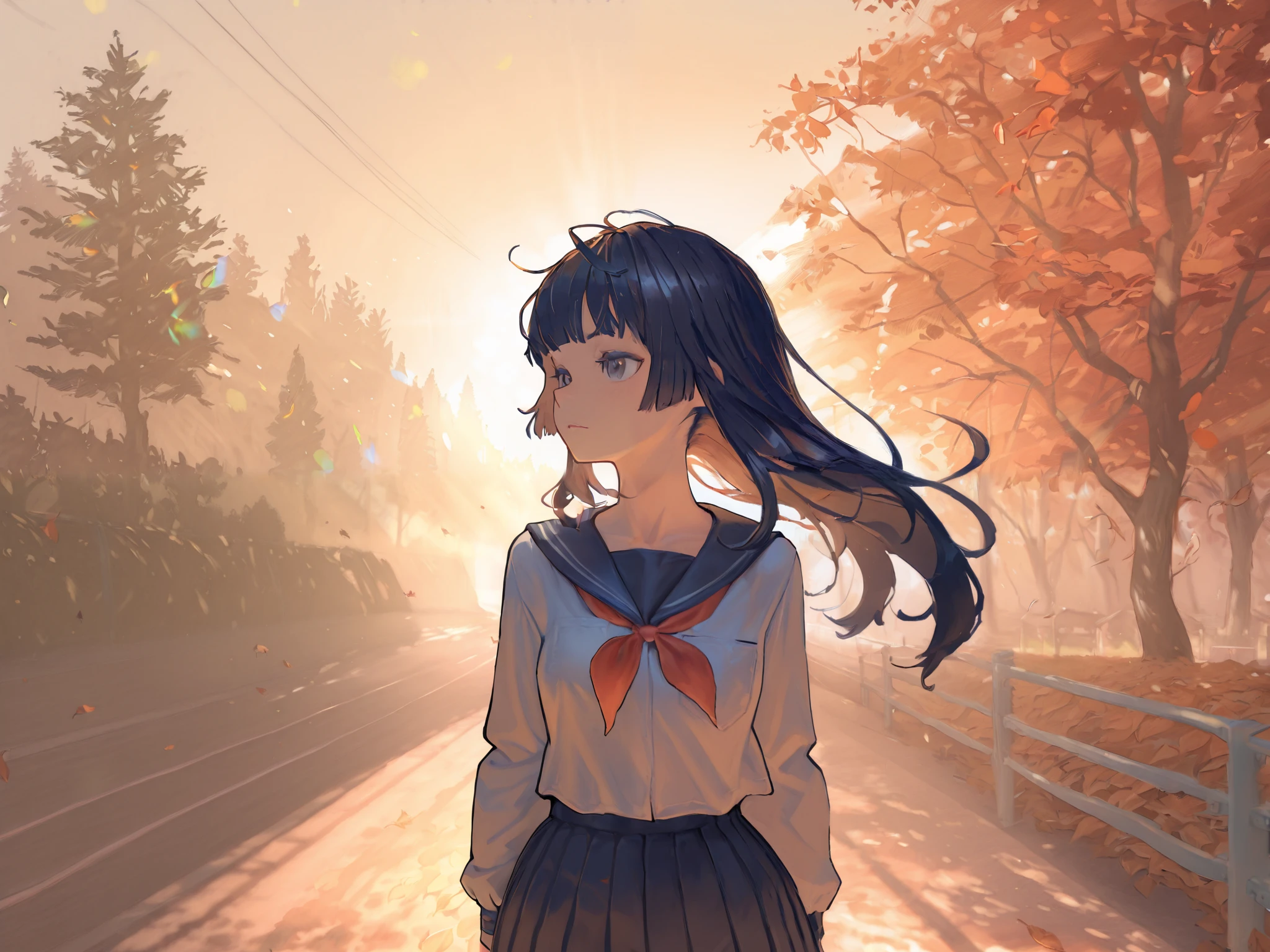 HDR, 8K, high contrast, masterpiece, best quality, amazing quality, very aesthetic, painting artstyle, realistic, newest, hyperdetailed painting, brushstrokes, digital painting, miside style
BREAK
bounce light, hyperdetailed, detailed hair strands, detailed fibers, aesthetic, 8k wallpaper, detailed, masterpiece, best quality, amazing quality, very aesthetic, absurdres, 8K,masterpiece, great colors, color theory, great lighting, great composition, flawless. 1girl, Hime cut, black hair, bleached hair, grey eyes, school outfit, looking to side, leaves in the wind, sharp sunlight, windy, tree shade, railing, japanese road background.