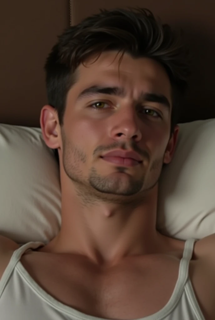 Masterpiece, denoise, void noise, one man, best quality, 8k resolution, male focus, focus only, amazing composition, volumetric lighting, super quality, elegant, Very detailed, front view, -----------, 35 years old, mature face, muscular, (((Caucasian white man))), (((white skin)), ((pale skin))), very handsome, (detailed light-blue eyes), ((dark brown hair)), big ears, (hairy), (scruffy beard), ((big pink nipples)), ((perky nipples)) ------------, (((blue jeans))), (((fully open white shirt))), (((laid down on bed resting))), (((dark room)))