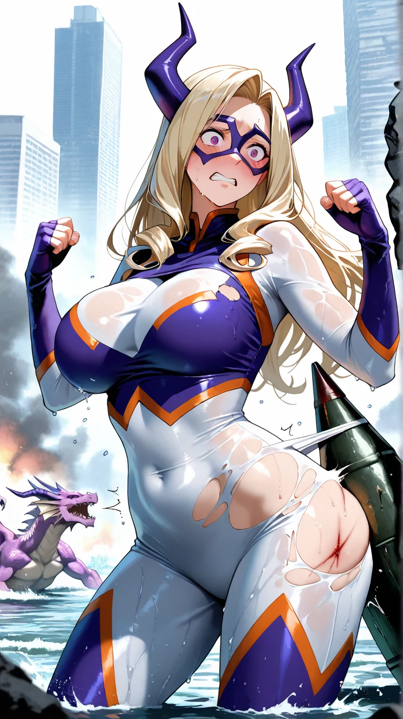 A beautiful, voluptuous anime girl from My Hero Academia, All Might Girl, blonde, sparkling eyes, strong and heroic pose, pink lips, iconic hair, heroine outfit, dynamic pose, incredible heroine, plunging neckline