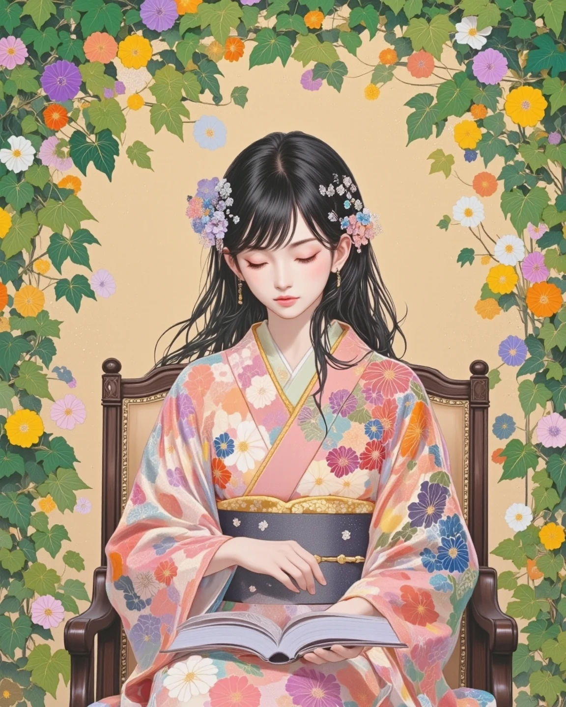 Woman in kimono sitting on a chair reading a book、long black hair、Japanese、beautiful and exquisite crystal hair ornament、Intricate CG Style 、art nouveau style、Anime Art Nouveau、Surround it with a frame of green ivy and flowers、fantasy artwork、gentle pastel colors、Romantic Atmosphere、top quality、high image quality、masterpiece、8K、focus、Artwork、soft lighting、fluffy、Glass cut