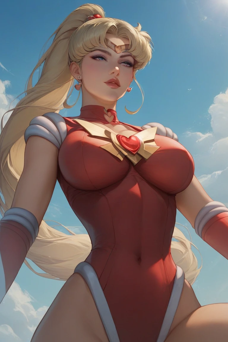 goddess bright eyes long golden hair red lips pink makeup athletic body slim waist big breasts big buttocks. playing with the planets