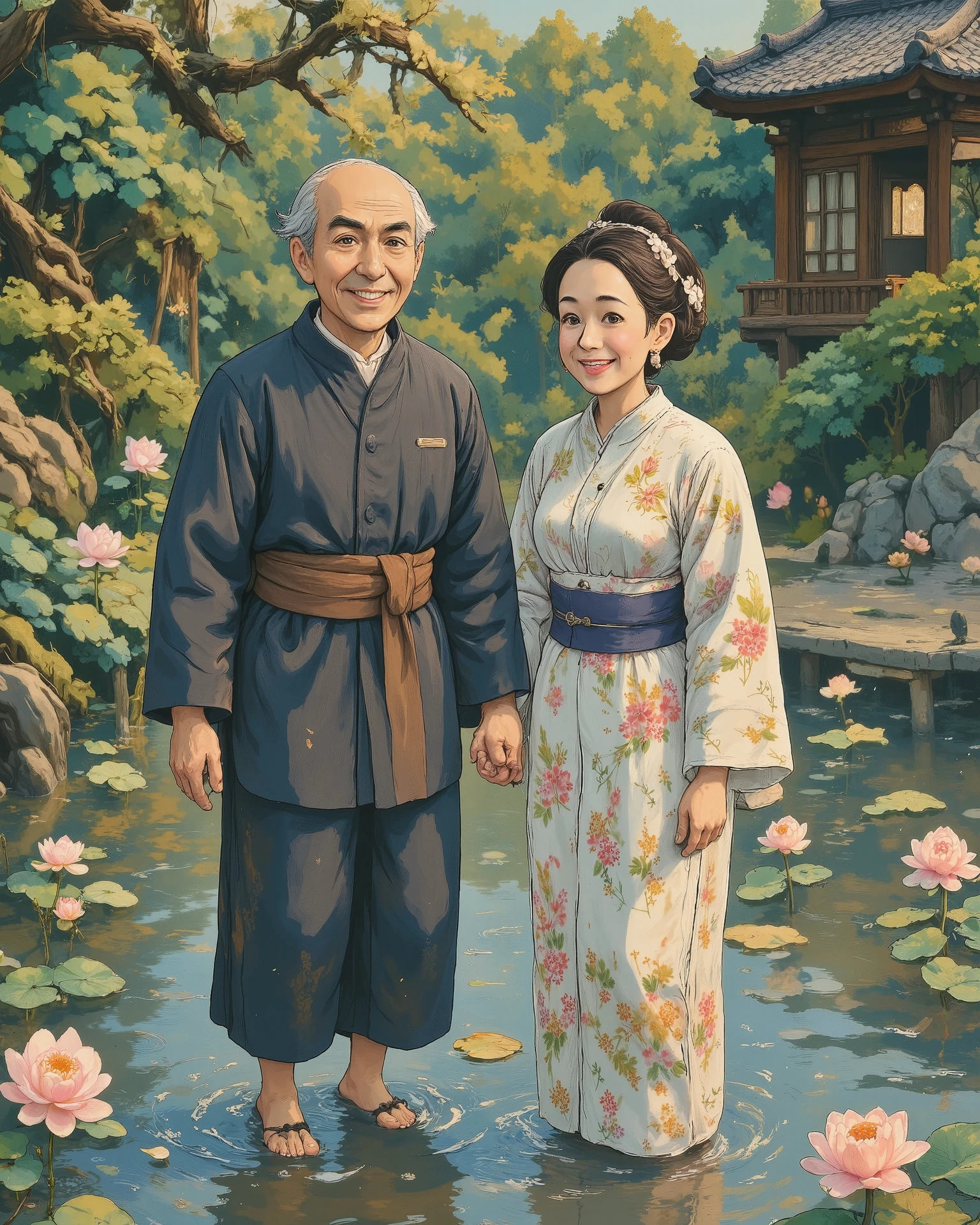 An elderly couple, full of joy and love, enjoying a peaceful moment in a serene lotus-filled pond. The old man, wearing a traditional dark robe, gently holds the hand of his wife, who wears a light-colored floral kimono. Both are smiling brightly, their faces glowing with happiness as they wade through the water, splashing playfully. Sunlight filters through lush green trees, casting a warm golden glow. The water reflects the blue sky and floating lotus flowers, creating a dreamy, painterly atmosphere. The scene is highly detailed, with a soft, Ghibli-inspired art style, rich colors, and a sense of nostalgia and serenity."