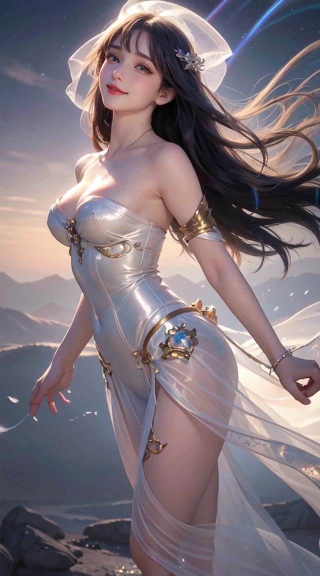 close up on face, Ultra-fine face,femele, China-style, long whitr hair, delicated, ellegance, opulent, ellegance, ssmile, Ribbons,cinmatic lighting, hyper HD, A high resolution, best qualtiy, 4K, high detal, high qulity, super detailing, anatomy correct, tmasterpiece, ccurate,mountain water,Mountains and mountains,Tian Shan,tenchi,snow mountains,Stand on the water