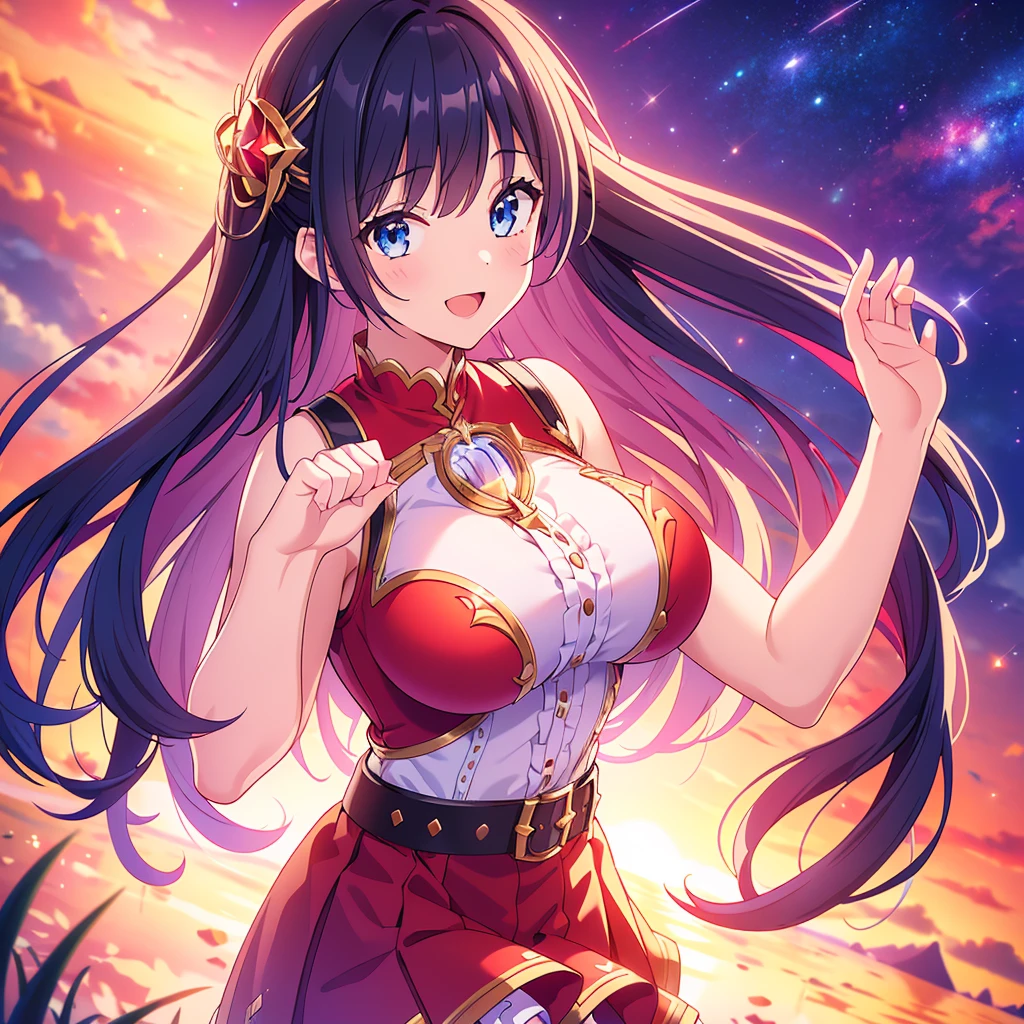 masterpiece, uhd, best quality, highres, 8k、shoot from above、upper body shot。solo、Horse ear girl、Smile。Brown Eyes、Pink Lipstick、Beautiful breasts。Shoulder less、Blue feather costume。Hands on hips。breeze、cliff、Starry Sky。