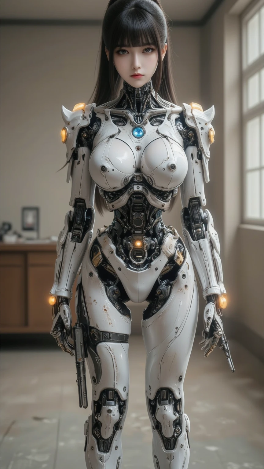 complex 3d render ultra detailed beautiful death angel, biomechanical cyborg, analog 150 mm lens, beautiful natural soft rim light, neon vein, roots, fine foliage lace, colorful details, Boris Bidjan Saberi outfit, pearl earrings, piercing, art nouveau fashion embroidered, intricate details, mesh wire, mandelbrot fractal, facial muscles, cable wires, microchip, badass, hyper realistic, ultra detailed, octane render, volumetric lighting, 8k post-production, red and white with a bit of black, detailled metalic bones, semi human, iridescent colors, Glenn Brown style, futuristic room, power of the god, high-angle shot, complex body poses