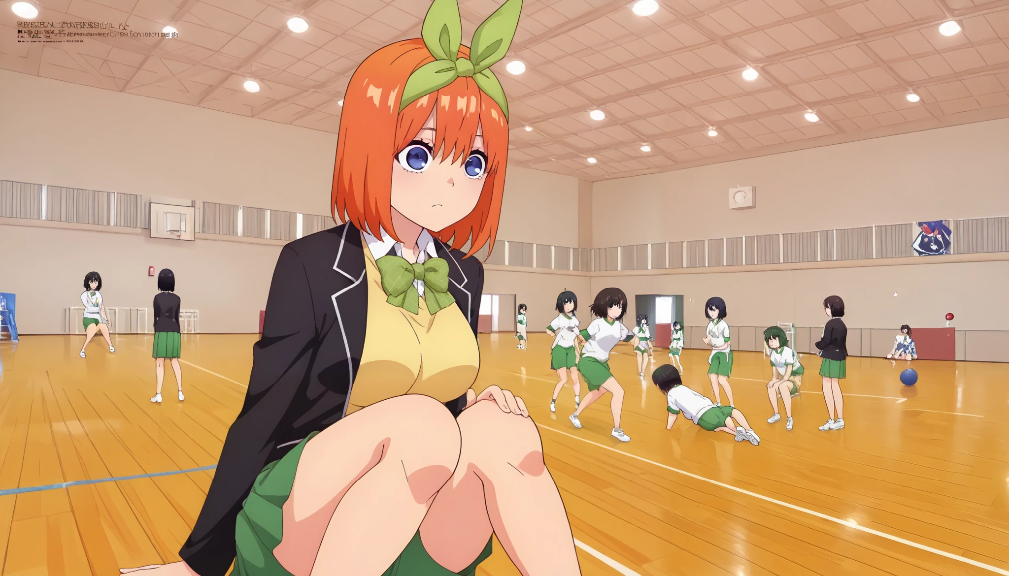 1girl, y0tsuba, large breasts, orange hair, blue eyes, short hair, hair between eyes green bow hairband, black blazer, open blazer, yellow sweater vest, white collared shirt, bowtie, plaid bowtie, green skirt, pleated skirt,y0tsuba, orange hair, blue eyes, short hair, hair between eyes, green bow hairband,Gymn4s3,sitting on the floor grasping one's knees (as in a gym class),,score_9, score_8_up, score_7_up, rating_safe, masterpiece, best quality, absurdres, unity 8k wallpaper, official art, official style, source_anime, uncensored, game cg, megami magazine,taiikukan, indoors, sportswear, multiple girls, indoors, photo background, shorts, ball, 6+girls, ceiling light, black hair, ceiling, stage, wooden floor, gym uniform, sportswear,
