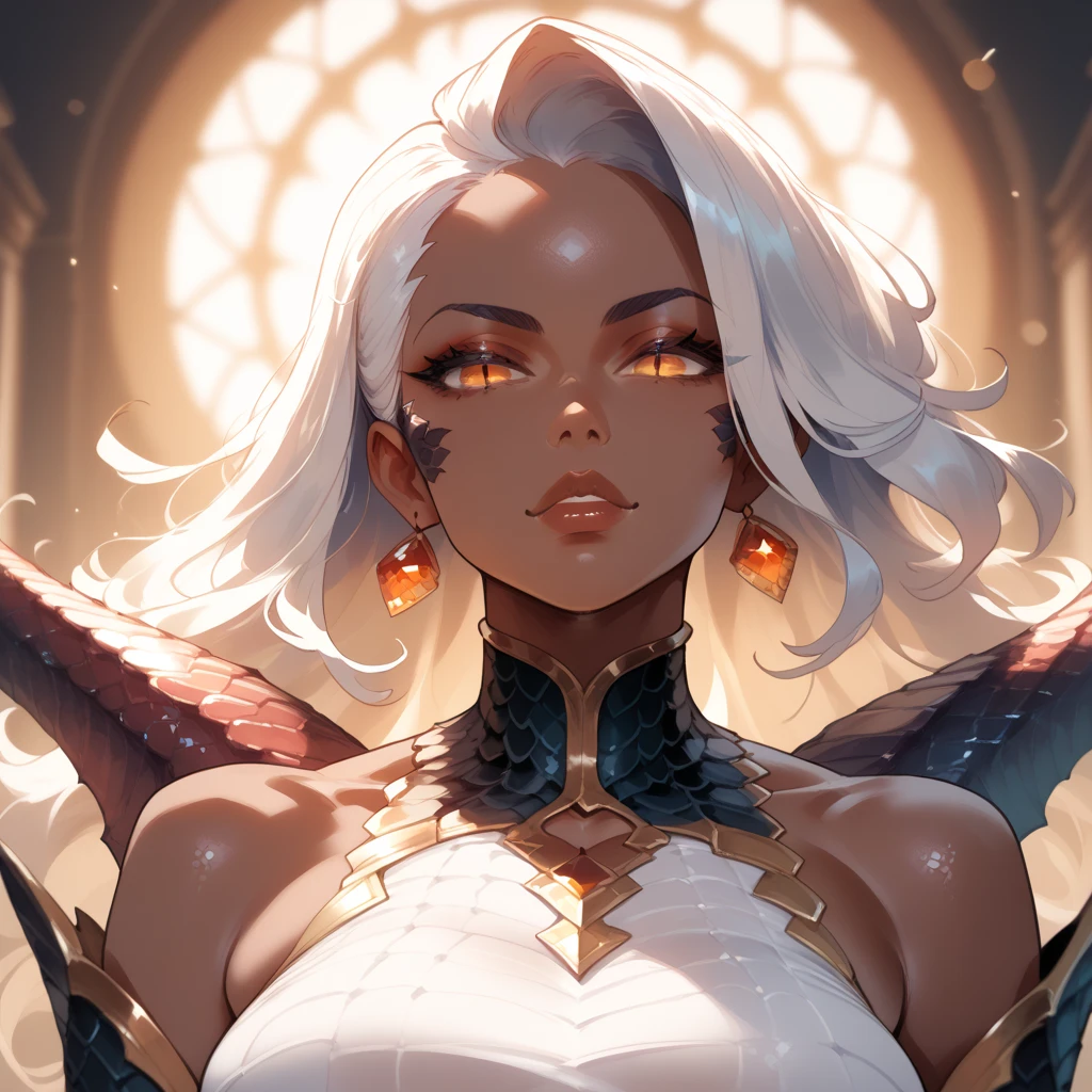(((masterpiece))), (((best quality))), ((8k)), ((ultradated)), (1 dark-skinned human female: 1.2), (white hair 1.3), (( (Heterochromia, in the eyes, red and yellow: 1.2))),(((Official art, masterpiece, ultra-detailed))), (((best quality: 1.2, intricate details, ultra-detailed) high: 1.2))), (sexy body 1.1), latex costume, outdoors, cleavage, magic environment, cinematic shot, natural light, light particles,