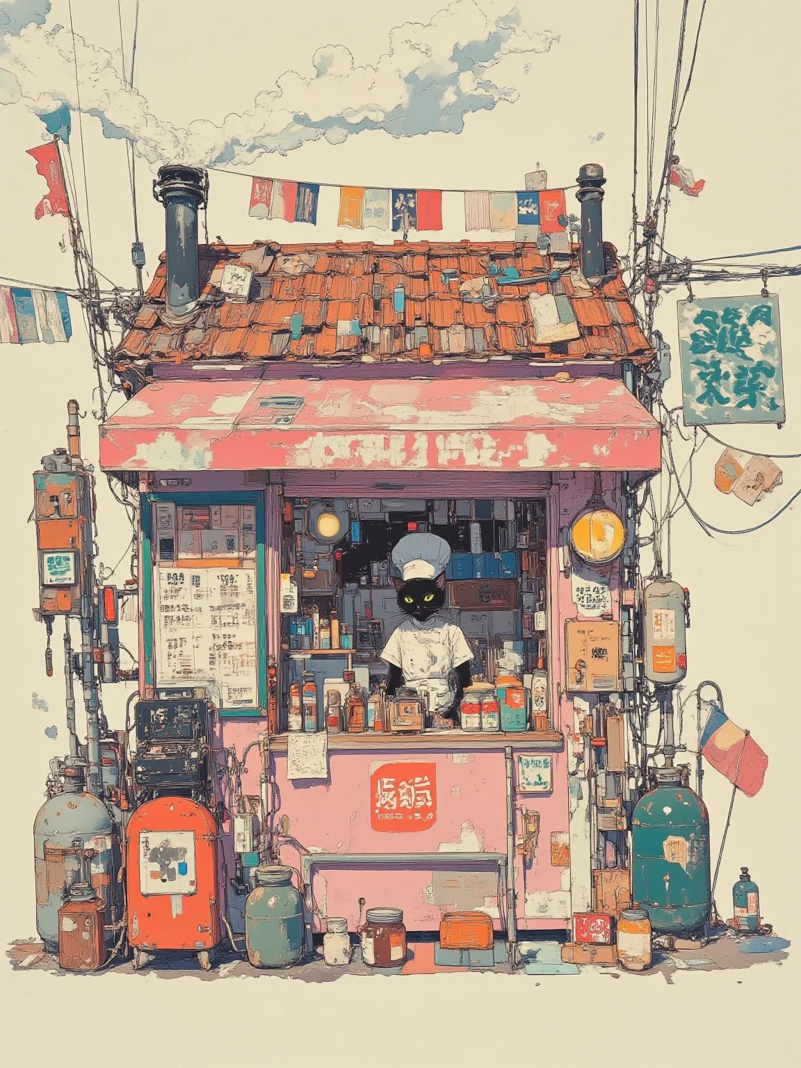A small stall resembling a tiny house about the size of one tatami mat, featuring a slim black cat chef wearing a chef’s hat. The stall has pink accents, a tiled roof, a small chimney emitting smoke, numerous flags, lanterns, signs, a menu board, and a counter. The atmosphere is eclectic with empty bottles, jars of jam, spices, an antique black telephone, gas cylinders, a register, candles, and retro-futuristic elements. The artwork is conceptually fantastical and dreamlike, rendered in ultra-detailed precision with colorful futuristic tones and a touch of steampunk aesthetics.