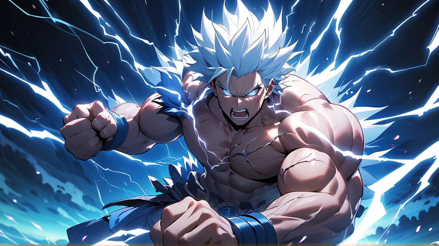 1 boy,((full body:1.2)),(stand),SAIYA,(looking at viewer),(white eye:1.2),super saiyan,(glowing hair:1.2),(urban setting:1.3),(male focus:1.1),(male muscles:1.1),(big muscle:1.1),(pectoral:1.1),(abdominal muscle:1.1),(upper body nudity:1.1), detailed face, detailed muscle.