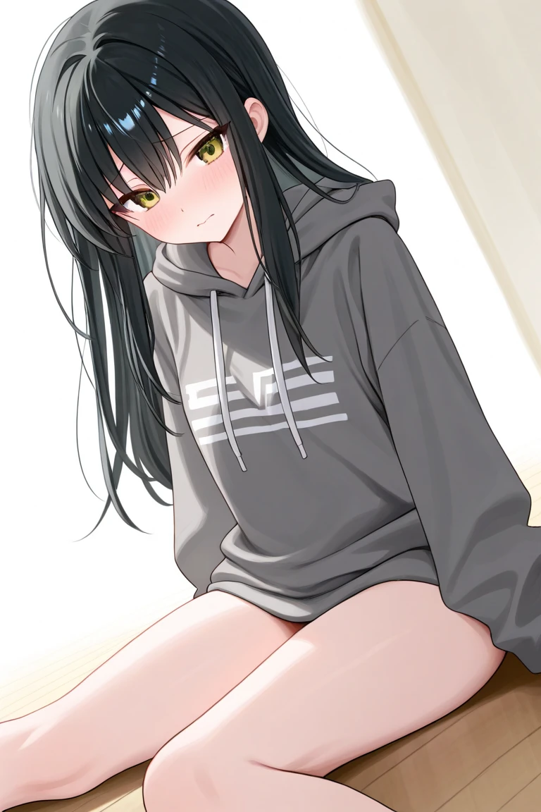 masterpiece, Highest quality, One girl, Black Hair, Blunt bangs, ((Pigtails)), Yellow Eyes,Sitting on the bed, Expressionless, Slightly offended, In the room,naked、((Knee Up))、Put your feet on the edge of the bed, Spread your legs、nsfw、(Perfect vagina)、