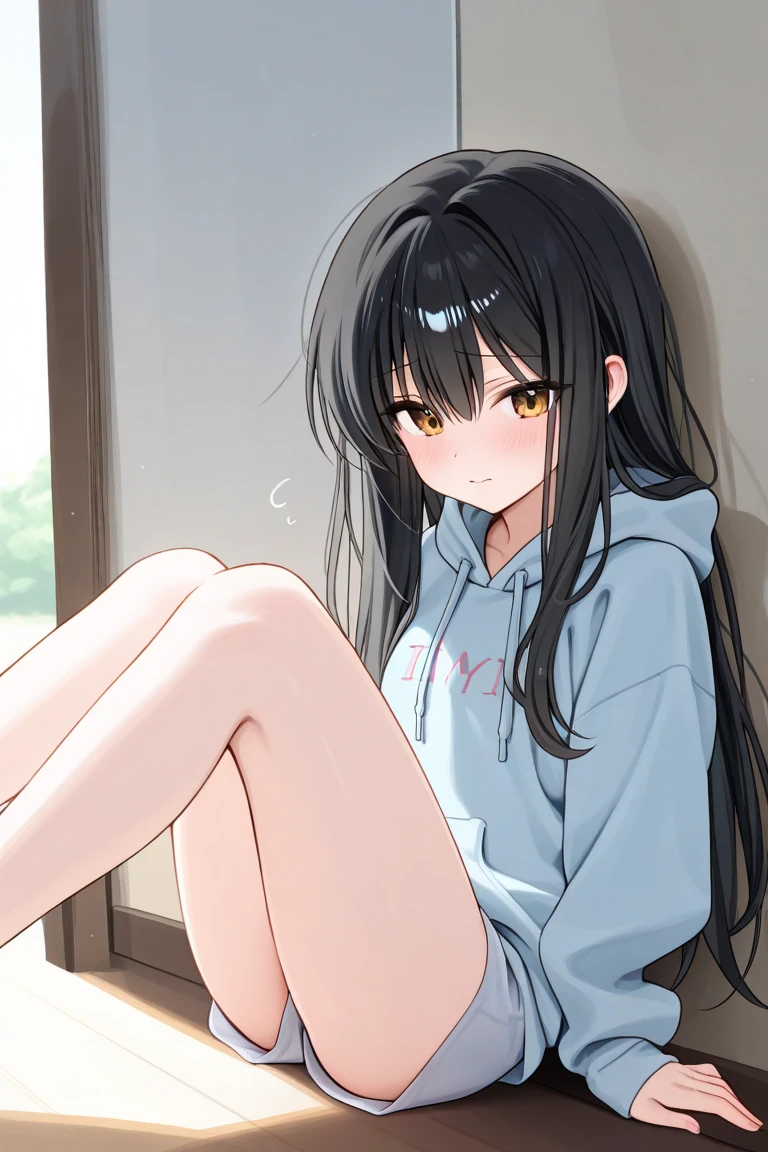 1 girl,wearing a sweater,no pants, hands covering mouth, how