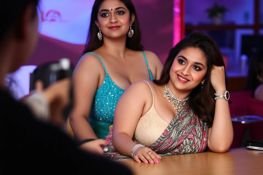 Sexy big boobs woman, change background, in beautiful blue saree