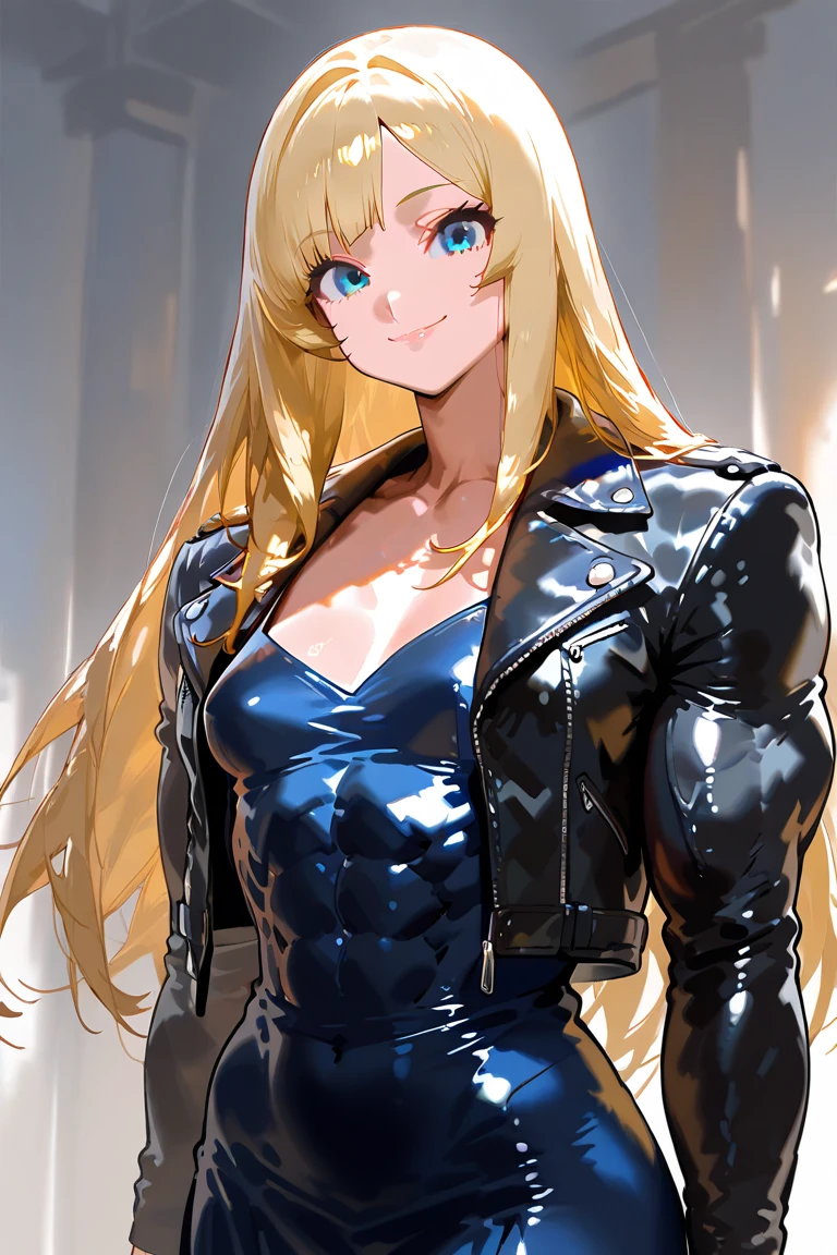Bodysuit Leather Jacket Girl Blonde Smile Long Hair Best Quality Masterpiece