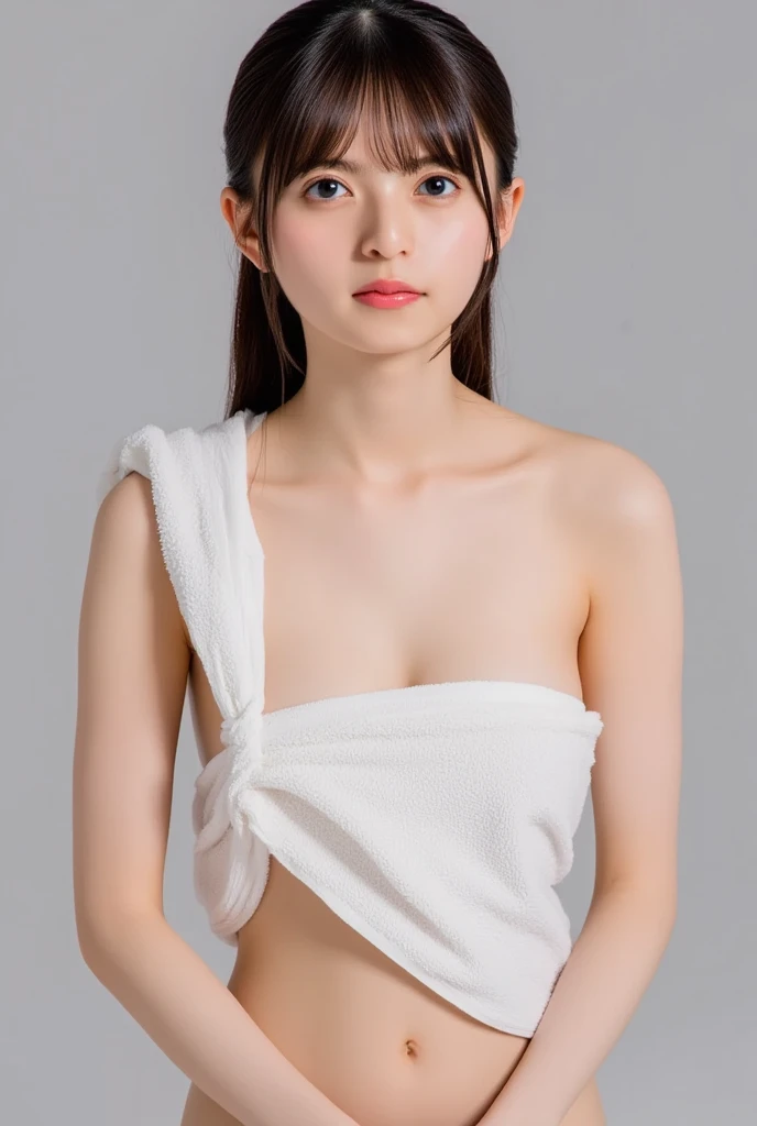 (Highest quality、Tabletop、8K、Best image quality、Award-winning works)、One beautiful woman、(Naked with a bath towel wrapped around her:1.3)、(The simplest pure white background:2)、(Holding your chest with your hands:1.1)、(Damp Hair:1.1)、(Sweaty, damp skin:1.1)、Upper body photo、Brightly lit face、Hot face、Very bright、Ultra-high definition cute face、Ultra high resolution perfect beautiful teeth、Ultra HD Hair、Ultra-high definition moist, shiny skin、Super high quality glossy lips、(Accurate anatomy:1.1)、(Big Breasts:1.1)、(Big cleavage:1.1)、Slender body、(Close-up of face:1.3)、(Accentuate your body lines:1.1)、(Accurate anatomy:1.1)、(The perfect bath towel:1.3)、Staring at me
