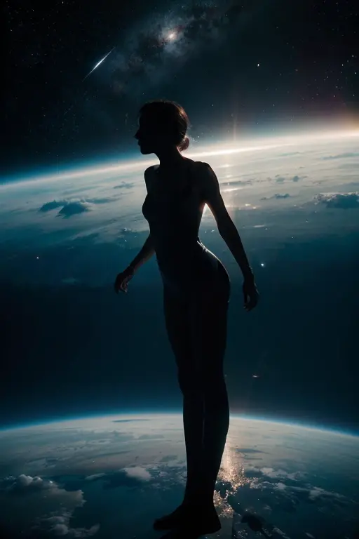 dream-like, [light, paint, jwst, spiral galaxy, A cosmic horror beyond comprehension:ink, Shadow,:0.25], big woman, eye, student, Duplex, mountainous horizon, sun, [glitch|data bending]、camel toe、huge tit、Nipple Puffs、cleavage、Plump、Super big breasts、super big butt
