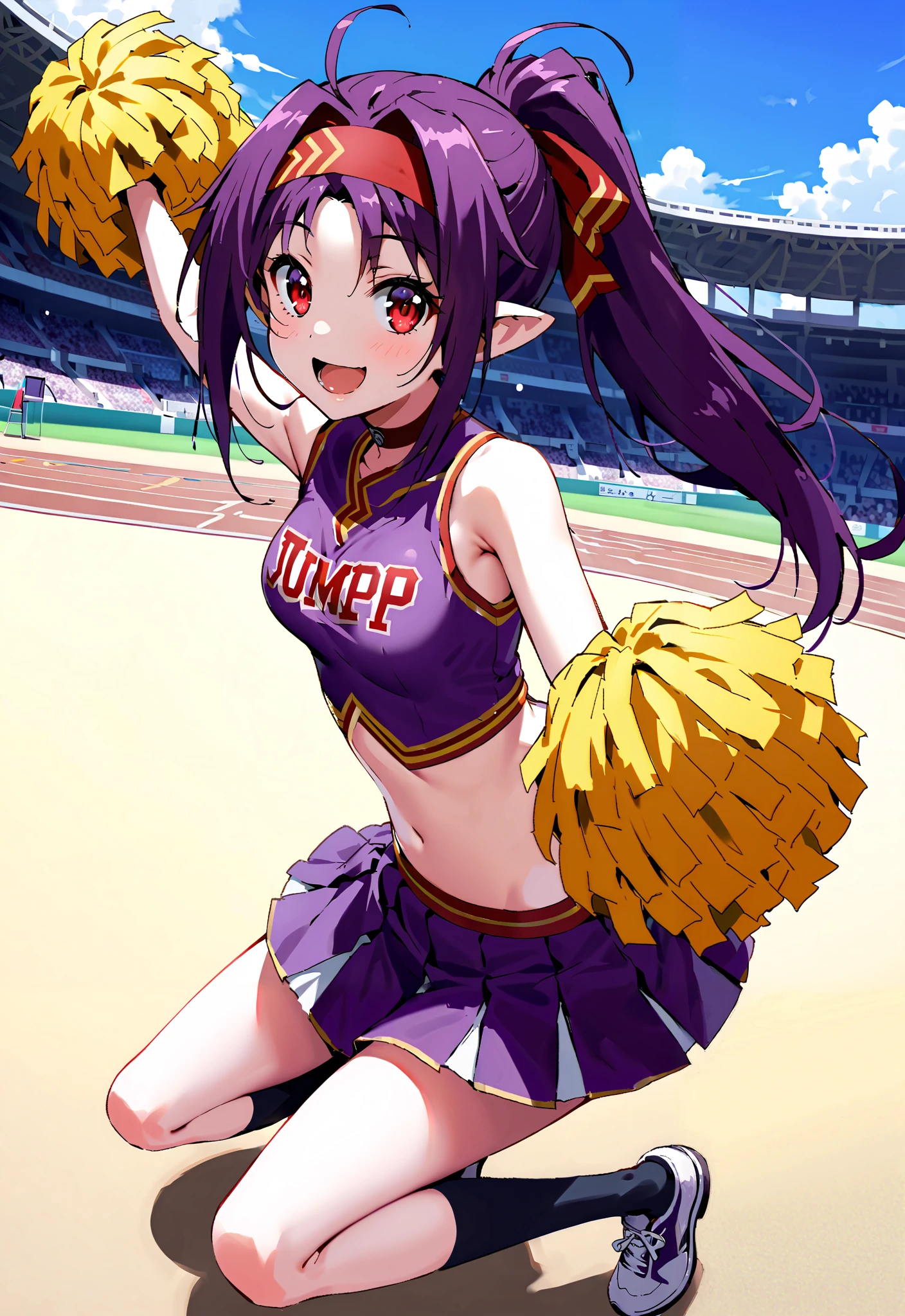 score_9, score_8_up, score_7_up, source_anime,
yuukikonno, yuuki konno,solo, red headband, long hair, pointed ears, purple hair, Red Eyes,ponytail,smile,cover,opens her mouth,(Cheerleading), (full body), on chest, (sweated), sweated Wet Clothes, ( purple clothes),sleeveless, pleated skirt,black socks,sneakers with a ladyback letter, stomach button support , playground, (jump), (jump), 両足を曲げてjumpする, blue sky, Compa, smile,cheerleader, Pom-pom \(Cheerleading\) real hair ornaments,full bodyがイラストに入るように,break outdoors,Stadium,
break looking at viewer,full body,
break (masterpiece:1.2),top quality , kampala,unity 8k 壁紙,(shape:0.8),( fine and beautiful eyes :1.6),It's a person ,full body写真,CG Details , (perfect hands,complete anatomy),
