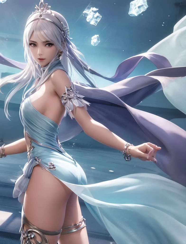 ((masterpiece:1.5、8k、Tabletop、フォトリアリスティックでVery detailedなCG、Very detailed、Particle Effects、Dynamic Effects、Written boundary depth、Cinematic Light、Lens flare、Ray Tracing、Tabletop、Realistic:1.4、超A high resolution:1.2、Realistic、Realistic))((alone、,A woman wearing royal hanbok off-the-shoulder:1.4、Dynamic female pose:、Detailed face、Bright expression、young, Brighter, Whiter skin、Ample breasts、Best Looks、Ultimate beauty、Shiny silver hair with highlights、Bright and shiny hair,、Super long, Silky straight hair、Hair swaying in the water))(underwater,Beautiful underwater ruins background,Air bubbles、Because they are underwater, their clothes and hair follow the flow of the water.)((Off-the-shoulder style,Expose your shoulders、Expose the neck、Exposing cleavage))Her clothes are very chic、She's like a fairy in Wonderland