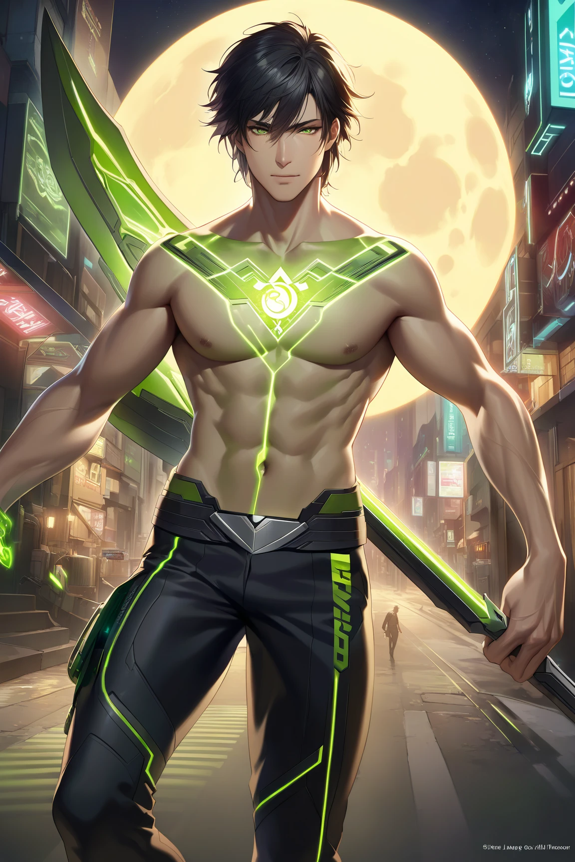 Boy with fox ears and black wings Surrounded by green flames Clothing (shirtless , black pants and claws)