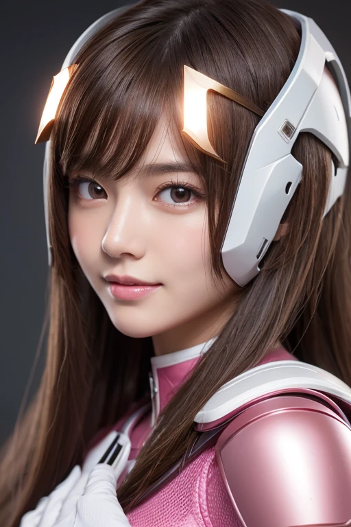 RAW, Masterpiece, Ultra Fine Photo,, Best Quality, Ultra High Resolution, Photorealistic, Sunlight, Full Body Portrait, Stunningly Beautiful,, Dynamic Poses, Delicate Face, Vibrant Eyes, (Side View) a close up of a woman in a pink and white gundam custume, dybamic pose, long brown very very very long long hair rapunzel, girl in mecha cyber armor, portrait armored astronaut girl, d. va from overwatch, female mecha, on a gundam, gundam head, chiho aoshima color scheme, mobile suit, streamlined purple armor, fully robotic!! girl, realistic cosplay, gundam armor (dynamic pose) (best cameraview), full body, sit down