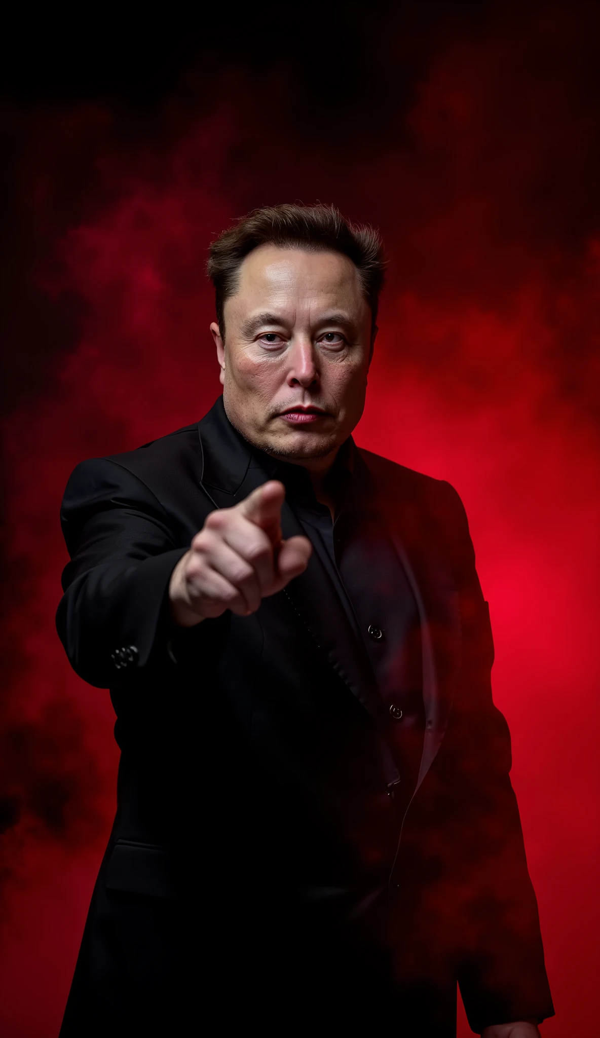 Blurry Elon Musk in a suit,In the center of the picture is one of his fingers sticking out,point at viewer , look at viewer,Sinister expression,black background,with a red light shining,Illuminated the smoke and dust,ultra-realistic style,realistic photography texture,Professional lighting,Ultra High Resolution,cloudy day,Low saturation,high contrast,8K Ultra HD only,Dramatic Lights,cinematic graphics,Best Quality,Masterpiece