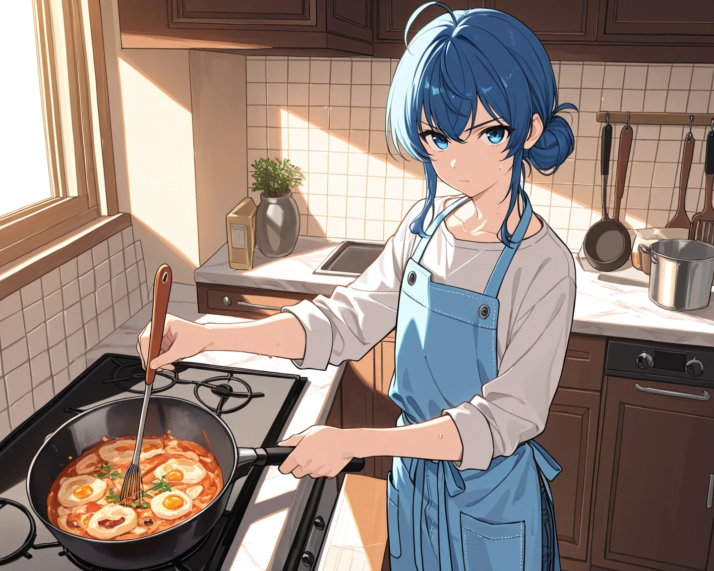 Highest quality、Light blue hair、Short Bob、Deep green eyes、Small breasts,Age 25,High leg swimsuit、apron、Kitchen in the house、Making curry