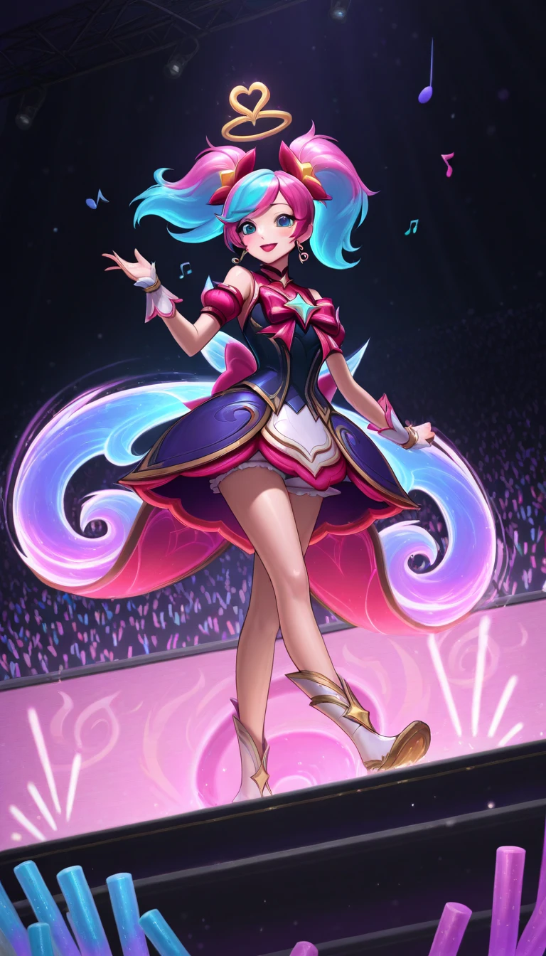there is a woman that is standing in front of a crowd, seraphine ahri kda, ig model | artgerm, portrait of ahri, kda, ahri, official splash art, extremely detailed artgerm, style artgerm, lux from league of legends, artgerm on artstation pixiv, artgerm style