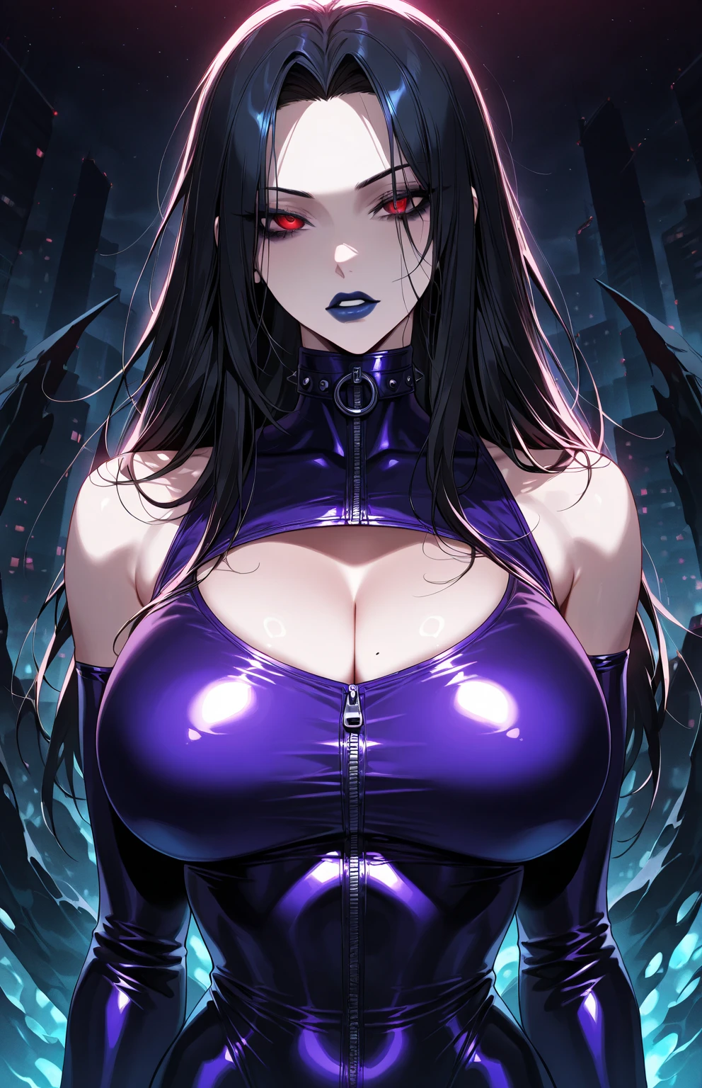 Portrait, beautifully evil goth model with black hair, wearing a tight black dress, staring deep into your eyes with her mesmerizing blue eyes, seductively flirting with you, hourglass figure, symmetrical figure, highly detailed face, beautiful face, lush lips, wearing black lipstick, smiling, alluring, stunning digital illustration, 8k cosmic elements and ethereal atmosphere