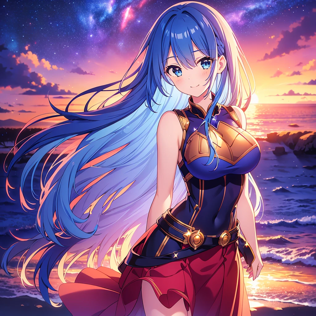 beautiful girl、Beautiful Long Hair、Blue Hair、Blue Eyes、Starry sky background、Fantasy、Large Breasts、dress
