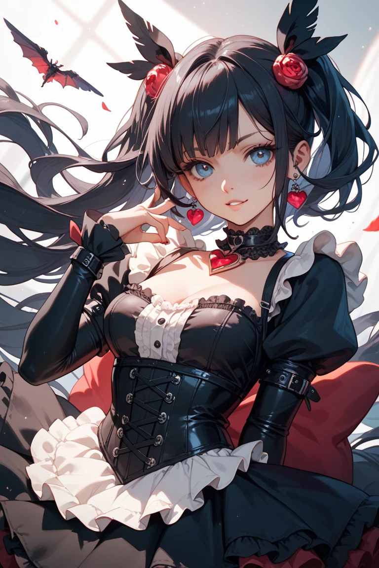 A black dragon woman maid, wears a maid's outfit with a red ruffled skirt showing her panties, has super big breasts, has long, messy black hair, It has red eyes, has a black dragon's horn, black dragon's wings and a black dragon's tail, wear black boots.