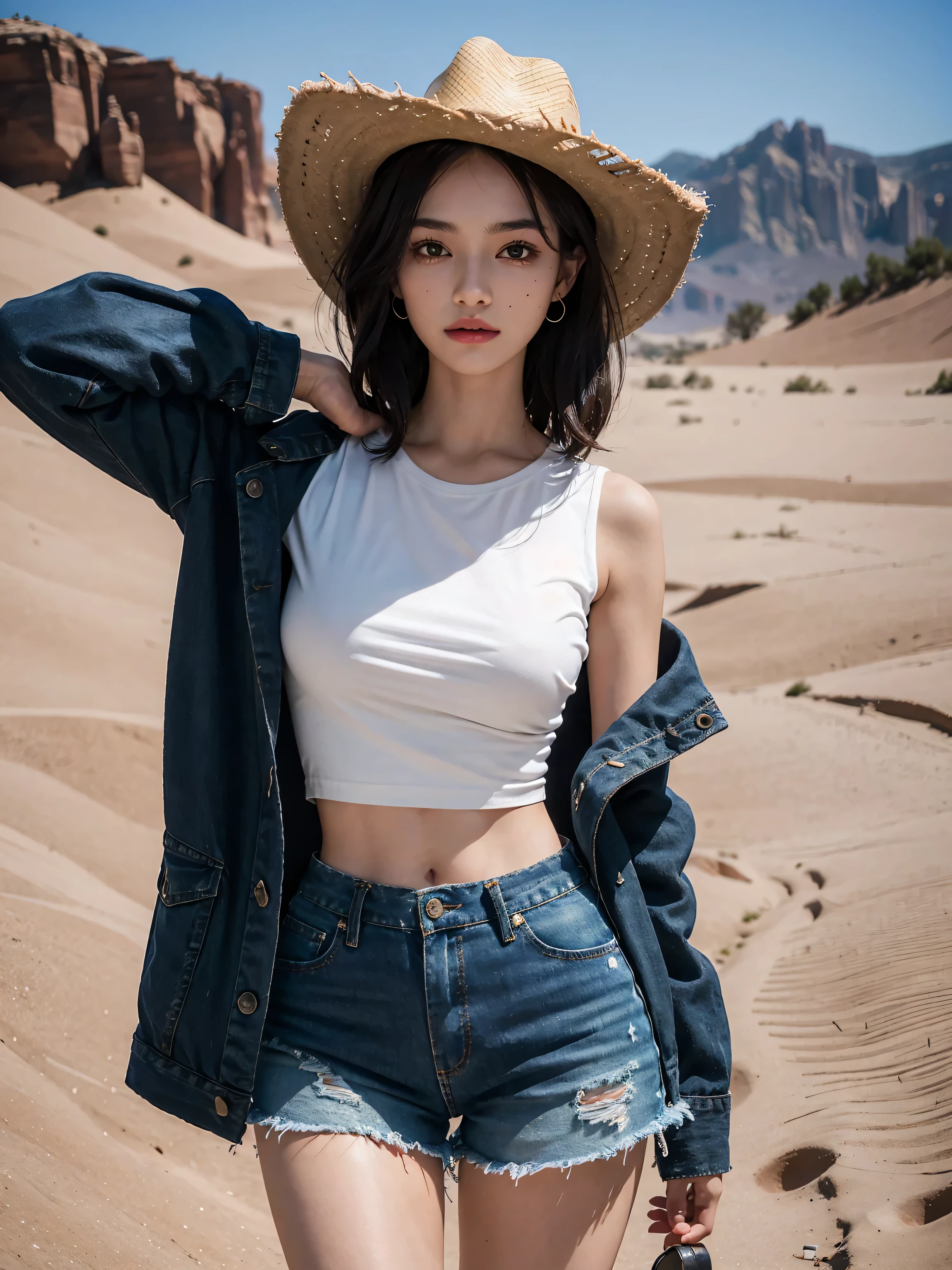 {Masterpiece,Best quality,offcial art,Extremely detailed Cg Unity 8K wallpaper}, day, On a desert, {{{Realistic}}}, Photo, {{{{Girl}}}}, hair over shoulders, {{Black hair}}, {{hair-bun}}, {Beautiful detailed eyes}, stare, Scowl, Blue eyes, {{{Huge breasts}}}, Cropped jacket , {{{{Crop top}}}}, {{Short shorts}}, {{{Bare legs}}}, knee_Boots, straddle,