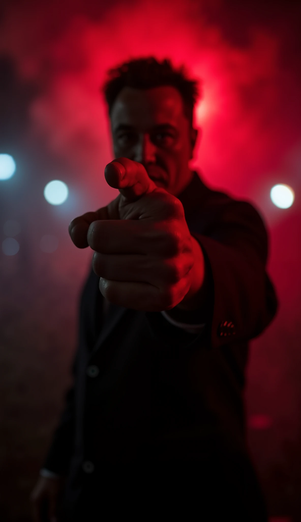 Telephoto,The center of the picture is a huge hand,Extend a finger,point at viewer , look at viewer,The background is a blurry person,Sinister expression,black background,with a red light shining,Illuminated the smoke and dust,ultra-realistic style,realistic photography texture,Professional lighting,Ultra High Resolution,cloudy day,Low saturation,high contrast,8K Ultra HD only,Dramatic Lights,cinematic graphics,Best Quality,Masterpiece