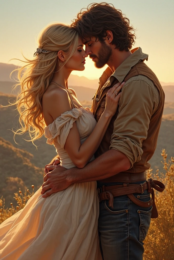 1 beautiful woman, 18 year old young woman, seamless, peasant, delicate knee-length dress, blondie hair, A tall, muscular, strong man, and millionaire, Seriously, Eyes red, 30years